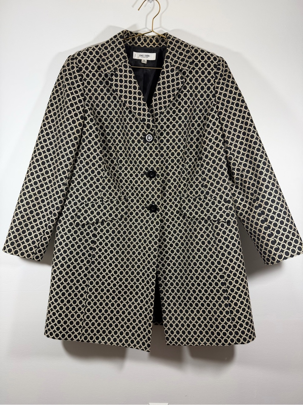 Apostrophe Black and Cream Circle-Print Blazer Coat